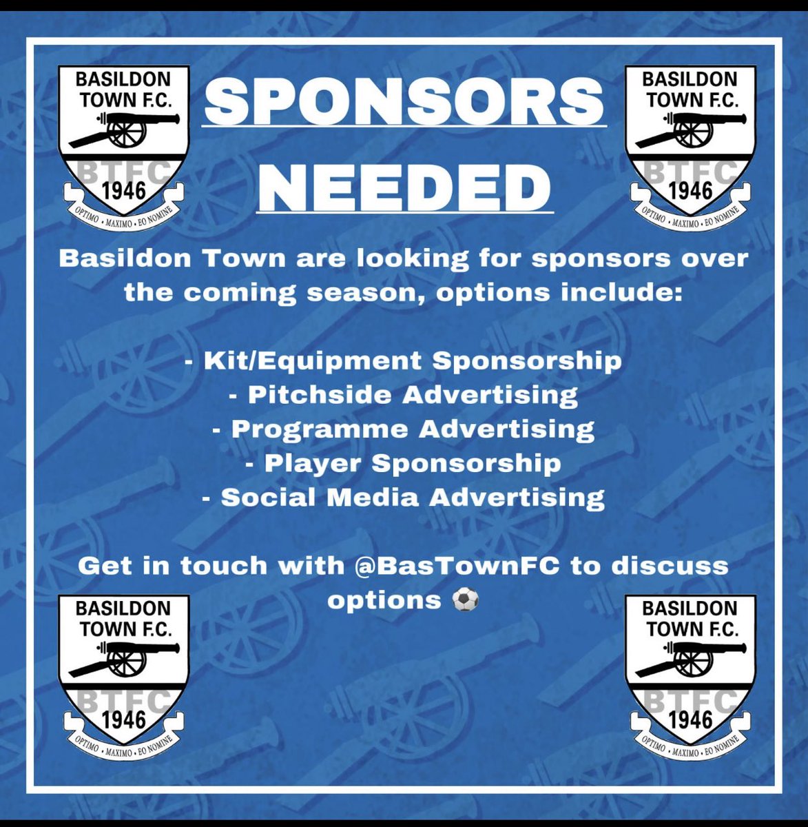 BasTownFC's tweet image. SPONSORSHIP OPPORTUNITY! 

Basildon Town FC requires sponsorship. Please get in touch ASAP if you are interested in sponsoring this great family club who are looking to progress through the football ladder #Sponsorship #Sponsors #Football