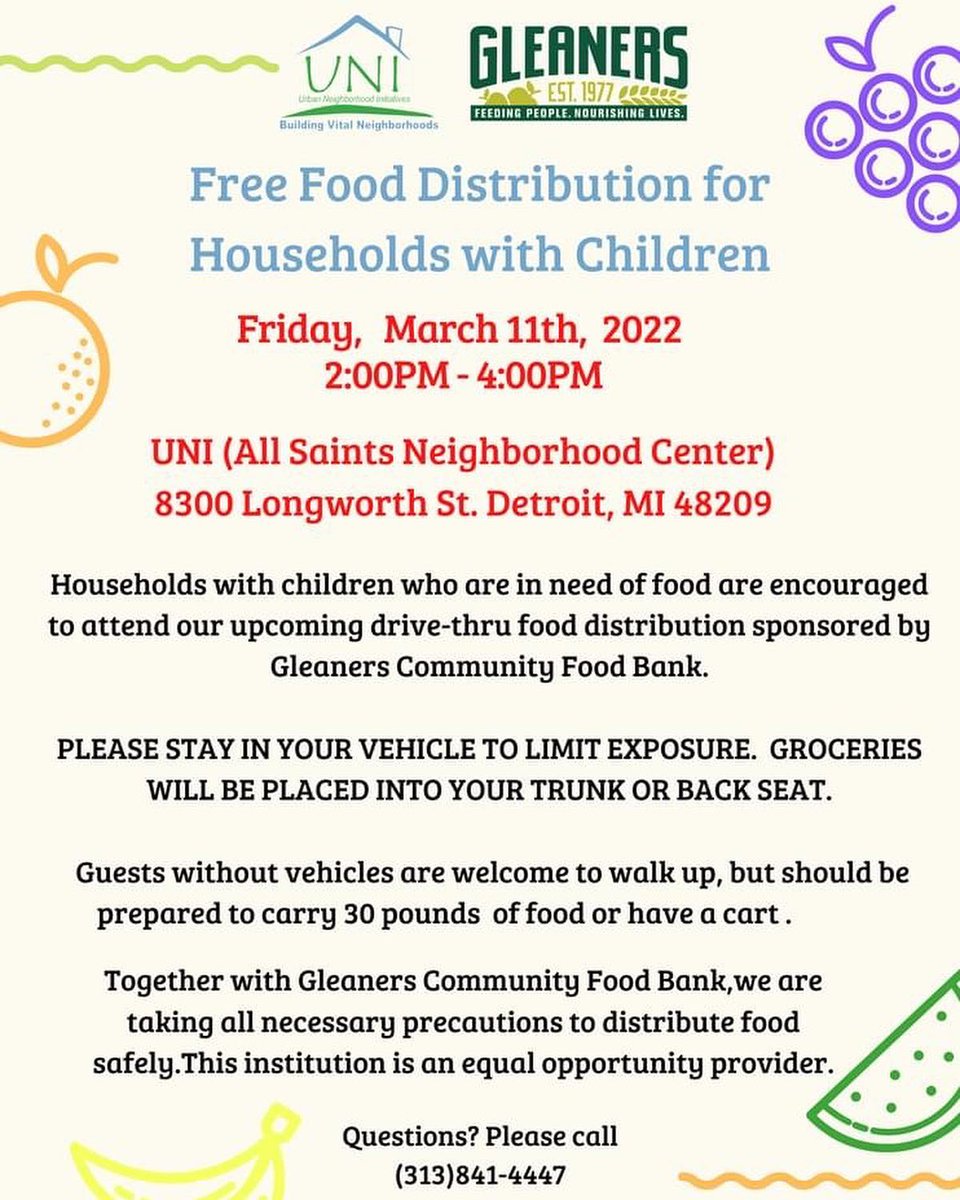 SWdetroitCBC's tweet photo. Friday March 11: Free food from 2-4pm &amp; health clinic/vaccine drive from 1-5pm at @UNI_Detroit https://t.co/IYTNVtDzIa