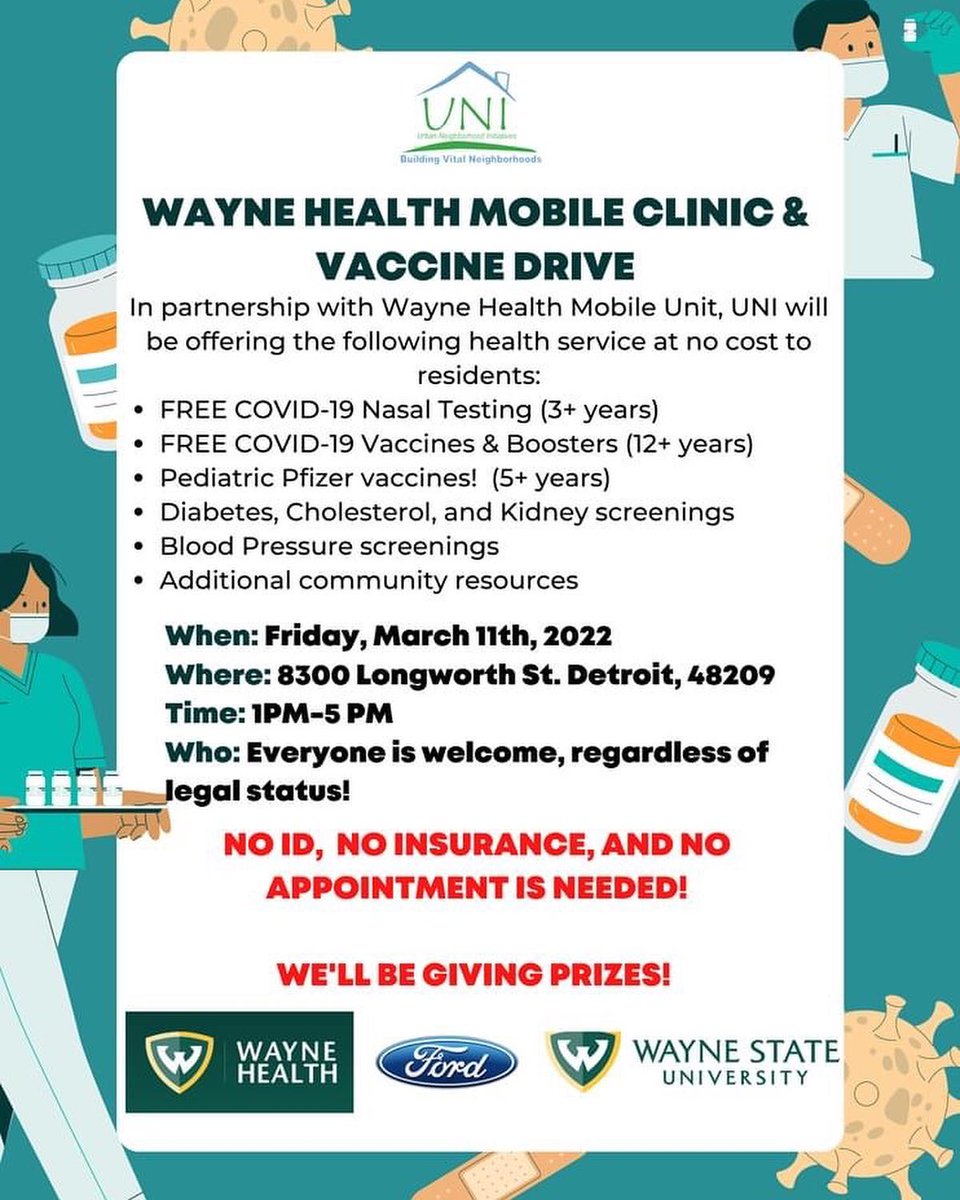 SWdetroitCBC's tweet photo. Friday March 11: Free food from 2-4pm &amp; health clinic/vaccine drive from 1-5pm at @UNI_Detroit https://t.co/IYTNVtDzIa