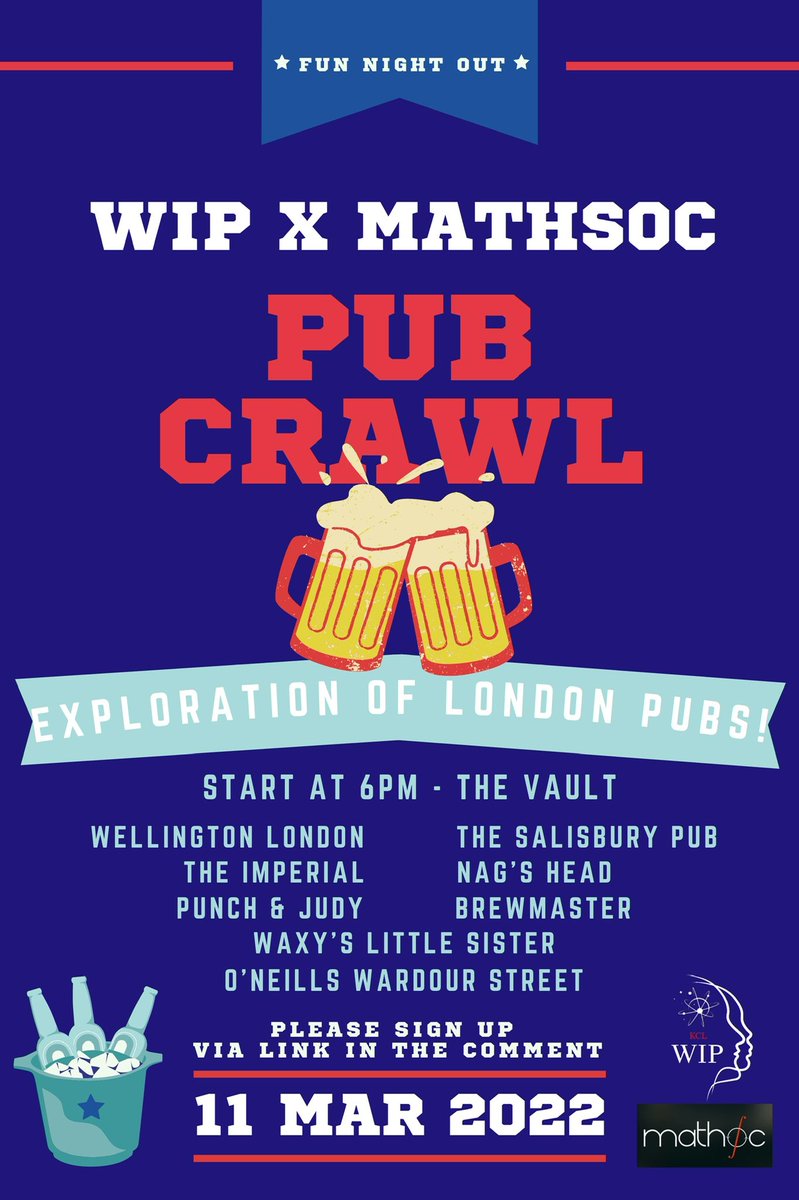 Need a break from the intense studies? Join for an exploration of the London pubs this weekend with <a href="/KCL_WIP/">KCL Womxn in Physics</a> <a href="/kclmathsoc/">KCL MathSoc</a> 🍻🍻🍻

⏰ Friday 11th March 6pm
📍 Starting at the Vault 
🗒 Please sign up at docs.google.com/forms/d/1syZun…

Looking forward to seeing you all! 😆