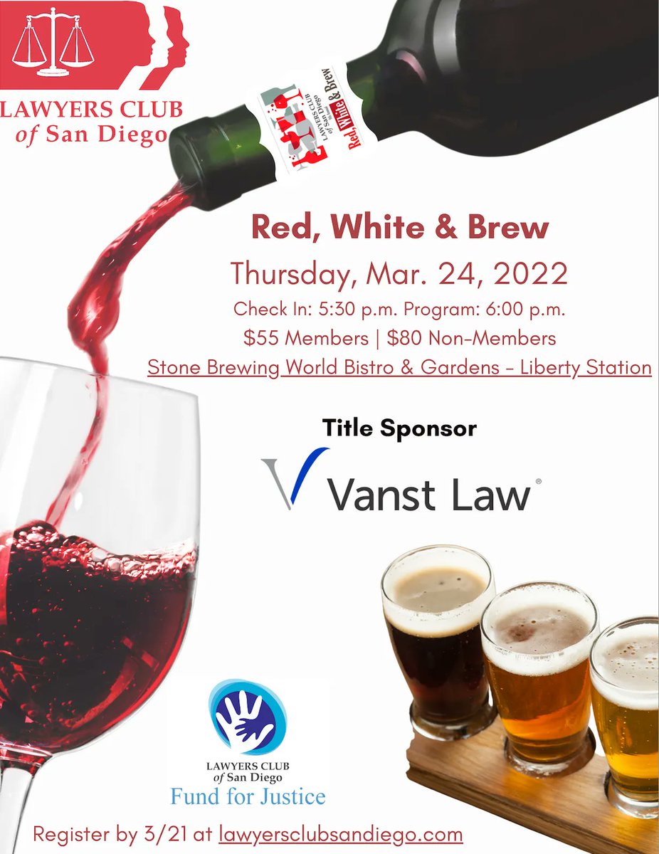 VanstLaw's tweet photo. We are thrilled to sponsor the Lawyers Club of San Diego's "Red, White &amp; Brew" event on March 24. We hope to see you there! @LawyersClubSD https://t.co/SbVhRoKvYd
