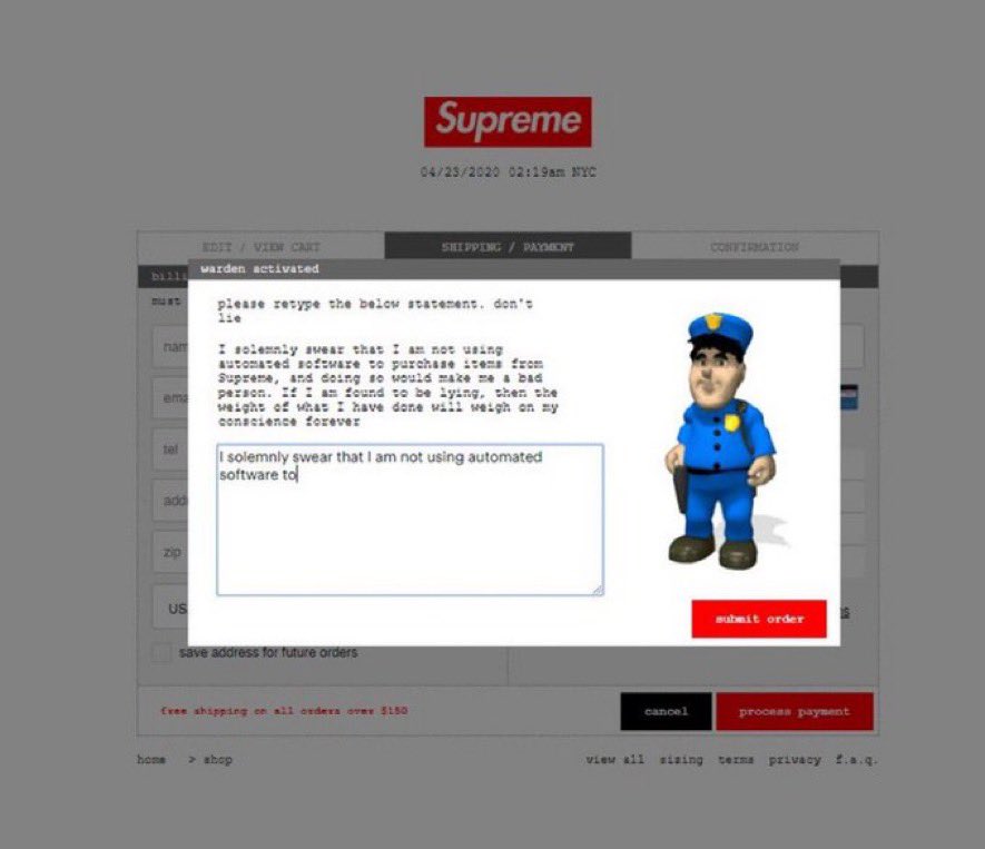 KanyeBrother's tweet photo. 🚨 ALERT 🚨
Supreme will be implementing an anti-bot called Warden tomorrow. This is what it will look like #supreme #supremebogo https://t.co/BQOiqKqSt7