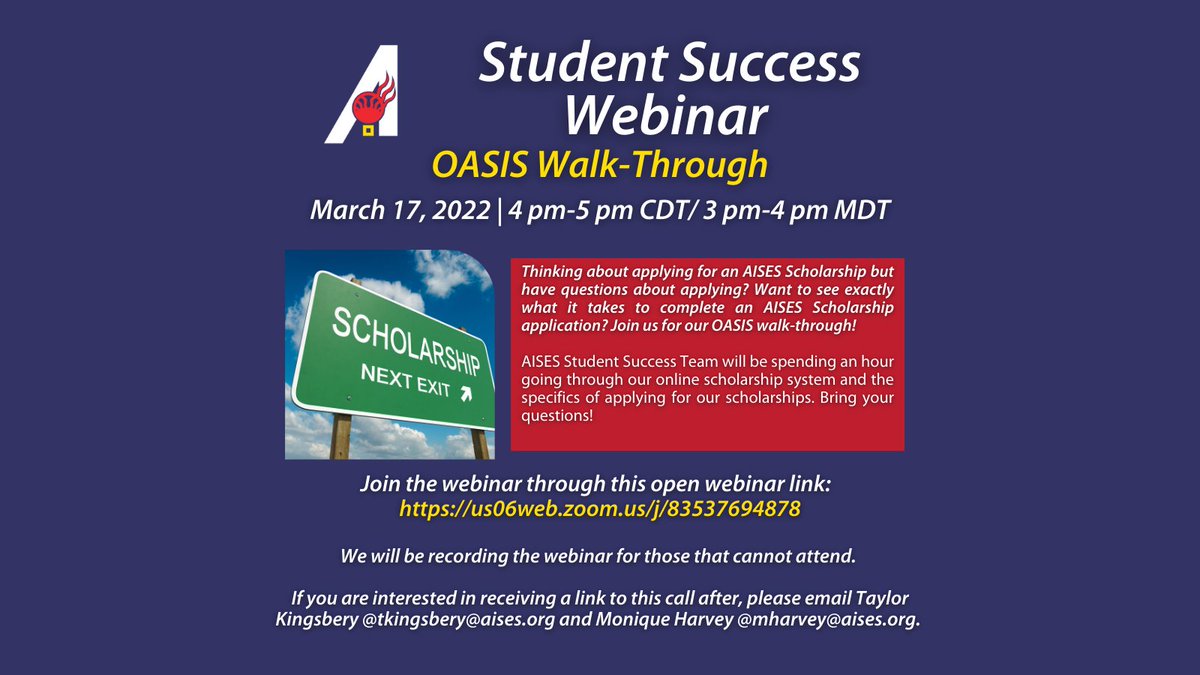 AISES's tweet photo. OASIS Walk-Through Webinar

March 17, 2022
4pm - 5pm CDT/ 3 pm - 4pm MDT

AISES Student Success Team will be spending an hour going through our online scholarship system and the specifics of applying for our scholarships. Bring your questions! 

https://t.co/eqGTpi5e3t https://t.co/wxl40zegSx