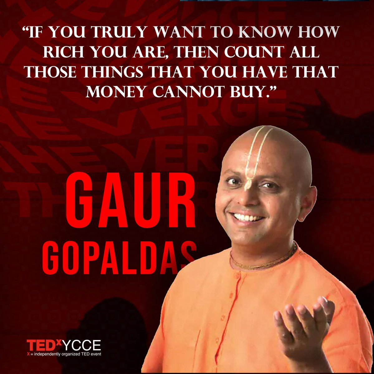 tedxycce's tweet photo. "𝙸𝙵 𝚈𝙾𝚄 𝚃𝚁𝚄𝙻𝚈 ����𝙰𝙽𝚃 𝚃𝙾 𝙺𝙽𝙾𝚆 𝙷𝙾𝚆 𝚁𝙸𝙲𝙷 𝚈𝙾𝚄 𝙰𝚁𝙴, 𝚃𝙷𝙴𝙽 𝙲𝙾𝚄𝙽𝚃 𝙰𝙻𝙻 𝚃𝙷𝙾𝚂𝙴 𝚃𝙷𝙸𝙽𝙶𝚂 𝚃𝙷𝙰𝚃 𝚈𝙾𝚄 𝙷𝙰𝚅𝙴 𝚃𝙷𝙰𝚃 𝙼𝙾𝙽𝙴𝚈 𝙲𝙰𝙽𝙽𝙾𝚃 𝙱𝚄𝚈."
~ 𝙶𝙰𝚄𝚁 𝙶𝙾𝙿𝙰𝙻𝙳𝙰𝚂

#tedxycce #ted #tedx #tedtalk  #voicesontheverg https://t.co/tN4co0Idlo