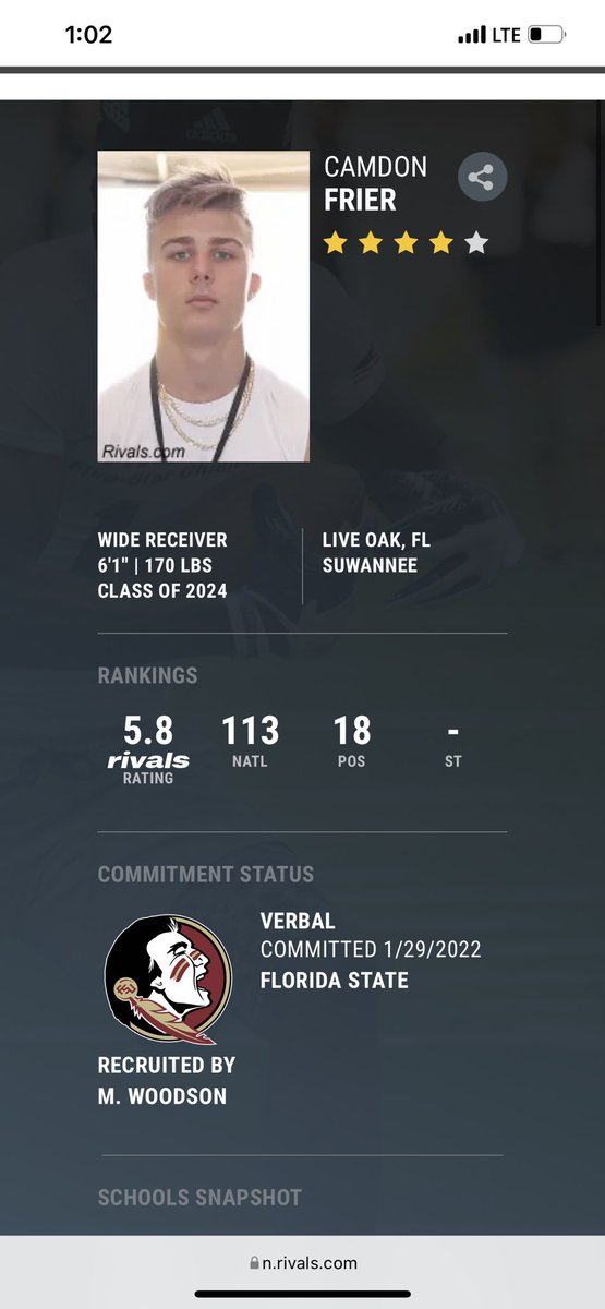 CamdonFrier's tweet photo. Thank you @Rivals! Officially a 4⭐️ Blessed! @Coach_Norvell @FSUFootball @SuwanneeFB @AABonNBC @TheUCReport @DemetricDWarren @RivalsJohnson @RivalsCamp @adamgorney @samspiegs https://t.co/NB94e6Eo6s
