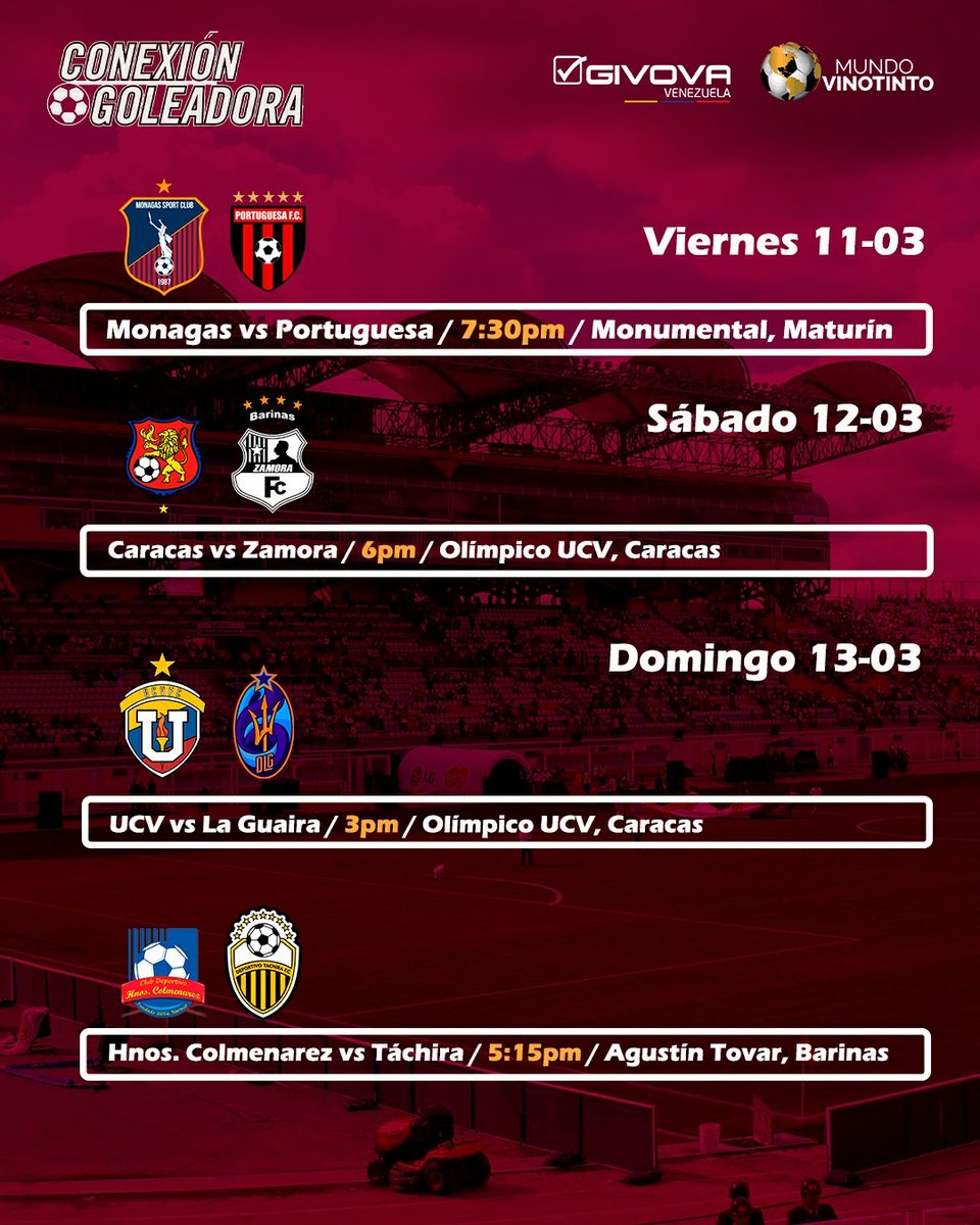 conexgoleadora's tweet photo. ¡LA PREVIA DE LA @LigaFUTVE ! 🙌🇻🇪

Por acá te dejamos los horarios y partidos de la fecha 3️⃣ del fútbol venezolano. ⚽🔥

💬 Déjanos tus pronósticos 👀👇

📬La jornada de la #LigaFUTVE es cortesía de Givova Venezuela y @Mundo_Vinotint0 https://t.co/bxM3KPRz2h