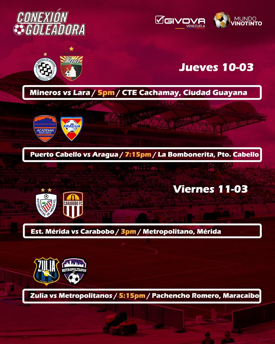 conexgoleadora's tweet photo. ¡LA PREVIA DE LA @LigaFUTVE ! 🙌🇻🇪

Por acá te dejamos los horarios y partidos de la fecha 3️⃣ del fútbol venezolano. ⚽🔥

💬 Déjanos tus pronósticos 👀👇

📬La jornada de la #LigaFUTVE es cortesía de Givova Venezuela y @Mundo_Vinotint0 https://t.co/bxM3KPRz2h