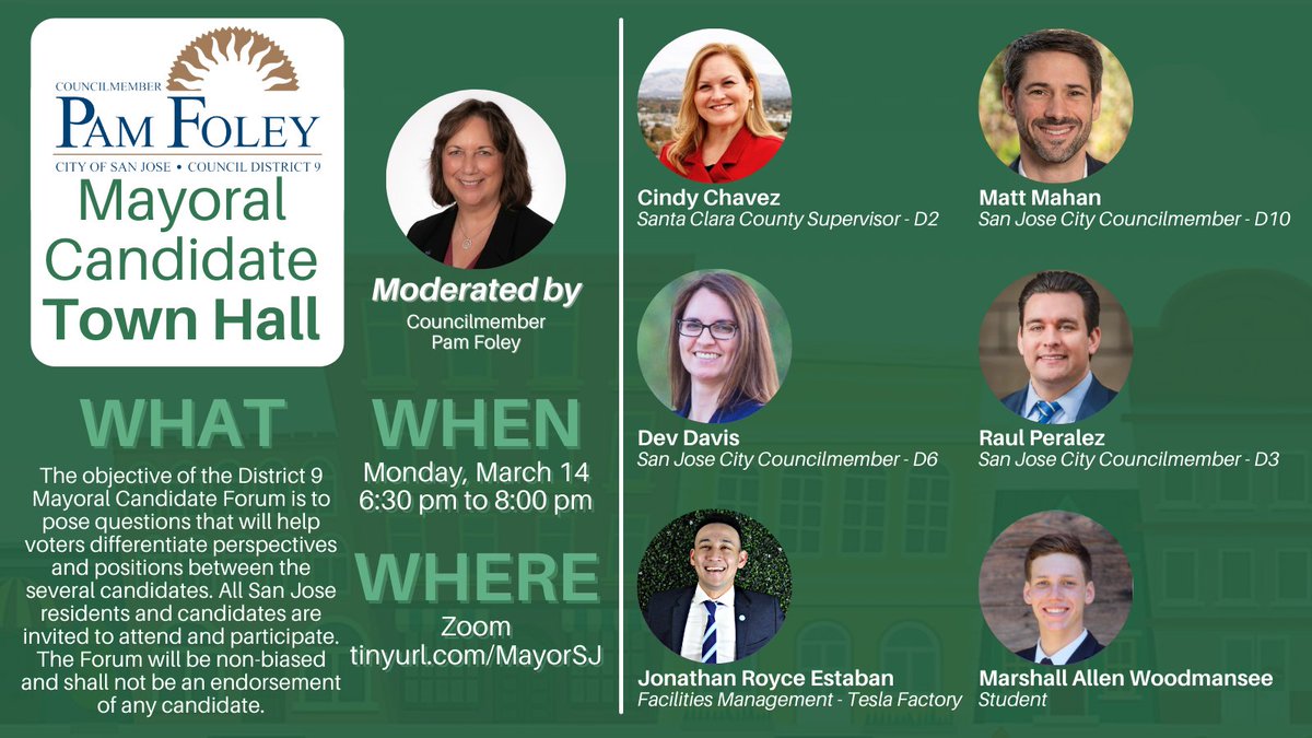 PamFoleyD9's tweet photo. I invite you to our March Mayoral Candidate Town Hall. The Town Hall takes place Mon, March 14 at 6:30 pm. The objective of the Town Hall is to pose questions that help voters differentiate perspectives between the several candidates. RSVP here: https://t.co/UuKZifODvP https://t.co/qAq6m0BXaj