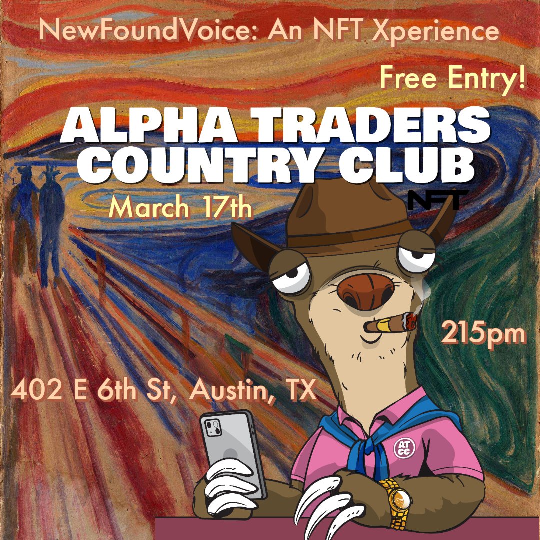 AlphaTraderscc's tweet photo. 🎉 #SXSW Austin, TX. 🎉
We are presenting next with @NewFoundVoice and we couldn't be more excited!! Our first IRL event of many. 

If you're in TX or will be attending sxsw, get in touch! 
📆 March 17
⏰ 2:15pm
💵 Free Entry 💵
#nfts #austin #Texas https://t.co/5T8qsQWsD3