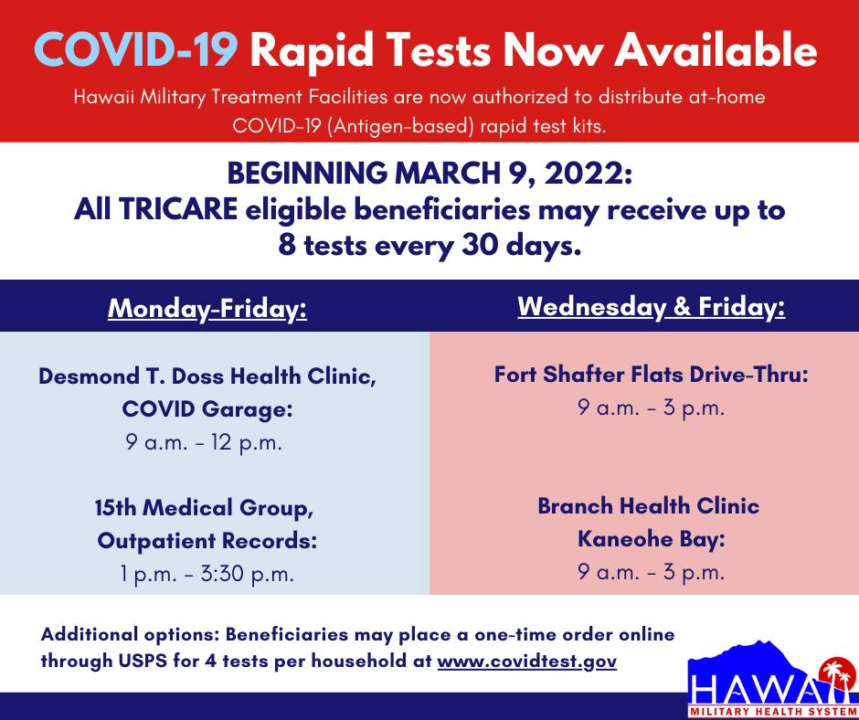 🔁: <a href="/HawaiiMHS/">Hawaii Military Health System</a> 

Beginning today, March 9, all <a href="/TRICARE/">TRICARE</a> eligible beneficiaries can pick up at-home COVID-19 rapid tests at the following locations:

See #thread for more info.