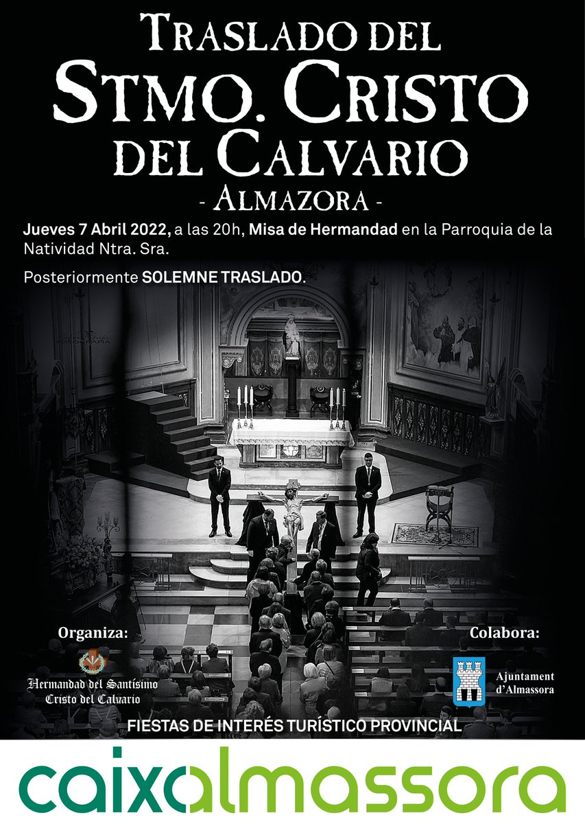 CristAlmassora's tweet photo. Jueves 7 de abril, a partir de las 20h, en la Parroquia Natividad de Ntra. Sra. Almassora, misa de Hermandad.
Una vez finalizada la misa, comenzará el Solemne Traslado de la imagen.
La imagen descansará en la propia Iglesia del Cristo, para presidir el Solemne Quinario. https://t.co/ROqRfA6IKj