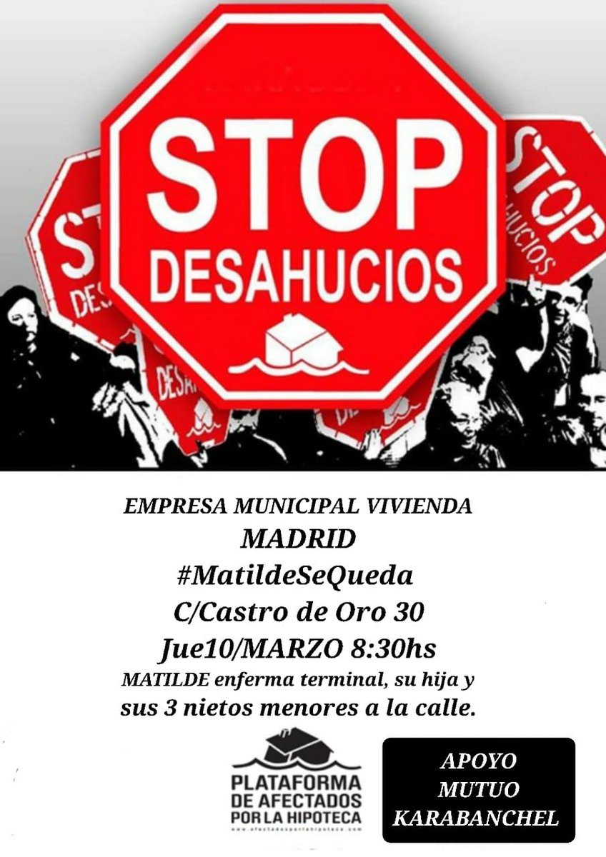 Hay que visibilizar esto. Todos los desahucios son injustos pero en casos tan brutales como éste, es nuestro deber estar y apoyar en lo que podamos. Mañana quien pueda vaya a la calle Castro de Oro, 30. #Carabanchel. A las 08:30hs. 

#StopDesahucios
#MatildeSeQueda