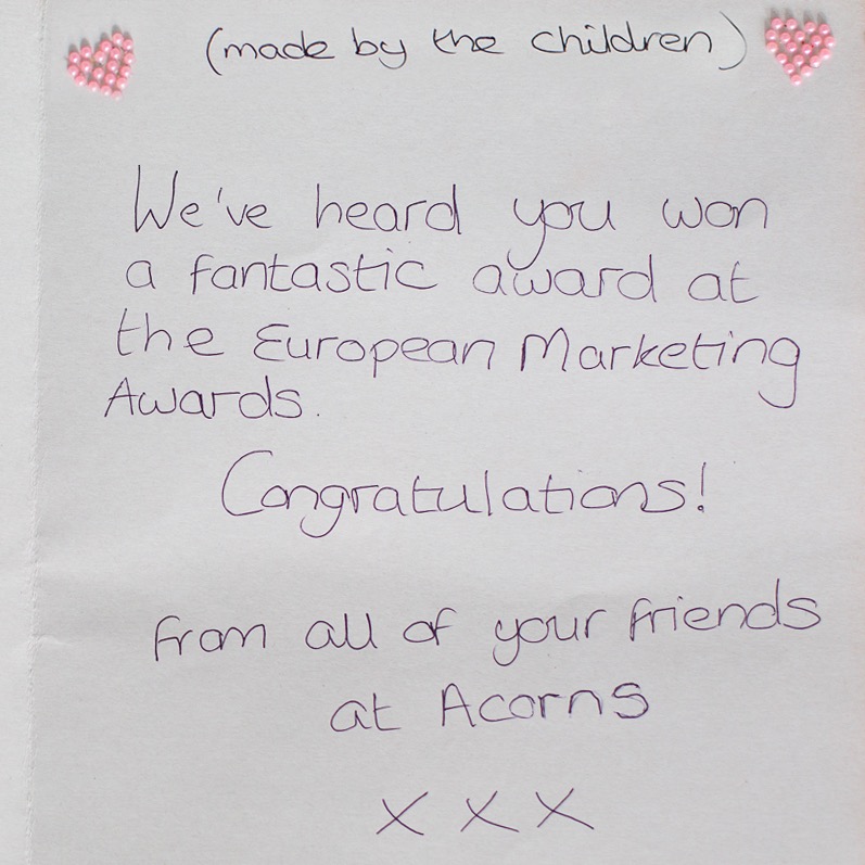 Thank you to the children at <a href="/AcornsHospice/">Acorns Children's Hospice</a> for this card about our Large Agency of the Year win at European Content Marketing Awards 2022! 🥰

And don't forget about the Fire or Ice walk charity event happening this weekend! 🔥❄️

Click to register 👉 bit.ly/3uFzVMz