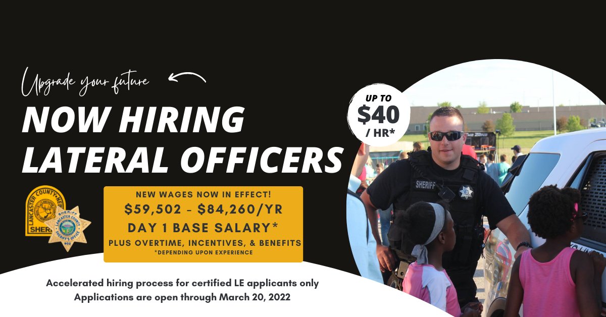 LSOnebraska's tweet photo. @LSOnebraska is taking apps for LATERAL deputy applicants through 3/20/22. 

NEW WAGES: 
$59,502 - $84,260 annually DOE +benefits and specialty pay when applicable.

Qualified applicants advance directly to oral boards.
 
Apply here: https://t.co/eVesup4siJ

#hiring #nowhiring https://t.co/oVz1Um2TOm