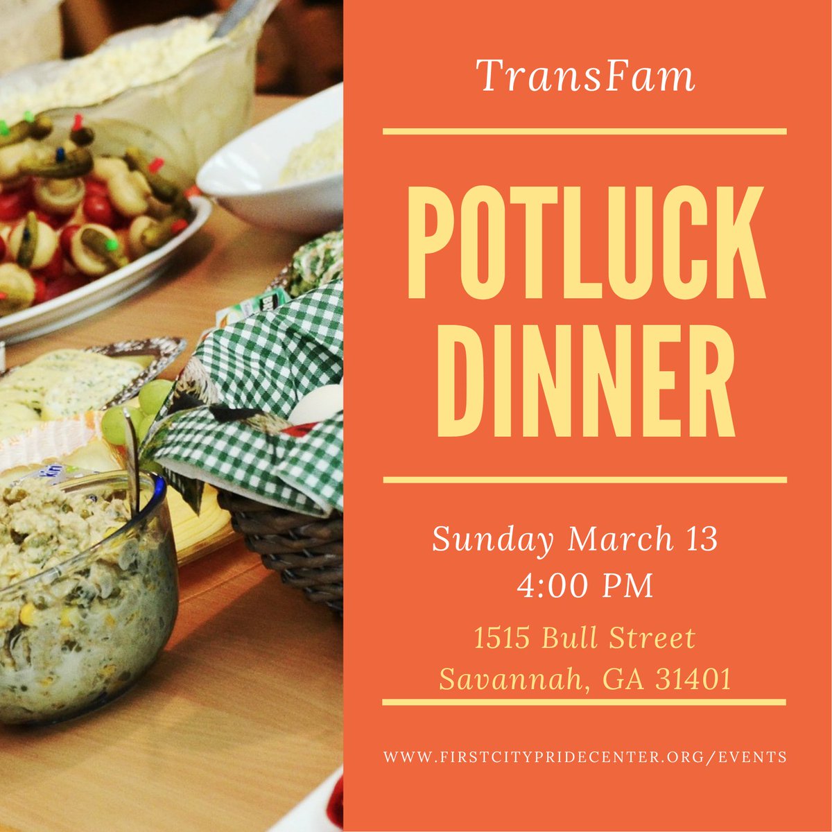 FirstCityPride's tweet photo. Join the TransFam Group for an informal potluck dinner at FCPC's Community Room on Sunday March 13th, 2022 from 4 - 7 PM.

Bring something to share or just hang out. We have plenty of spoons and plates. 

For more information, contact Kae (they/them) at kaesluder@fastmail.com. https://t.co/PeNv2ErCeT