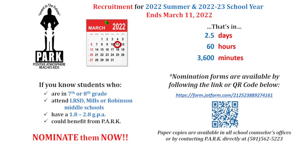 LRPARKids's tweet photo. The window for 7th &amp; 8th graders to qualify for entry into P.A.R.K. is quickly closing!  If you know a child who could benefit from the blessing of P.A.R.K., please pass this information their way asap! https://t.co/RBz6R9disJ