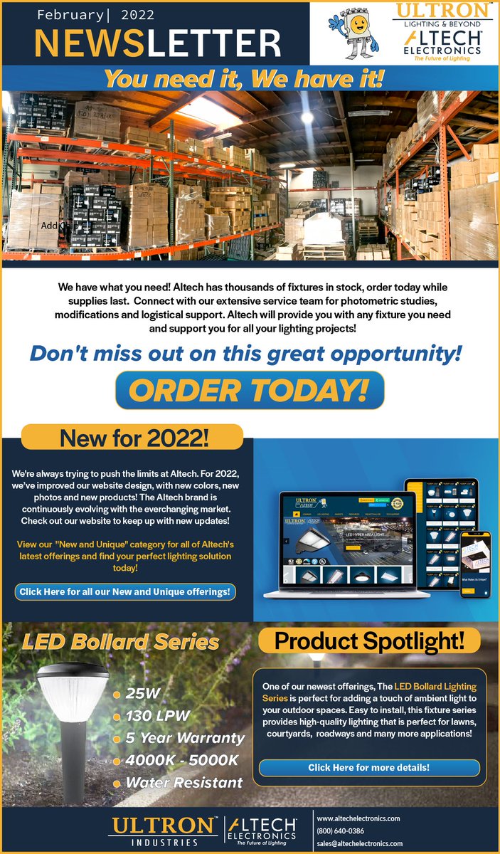 AltechElctrnics's tweet image. We got what you need! 

We&apos;re always trying to push the limits at Altech. Check out Altech&apos;s new and improved website design, with new colors, new photos and new products! 

 With thousands of fixtures in stock you don&apos;t want to miss this opportunity! 

Order Today!

#ledlighting