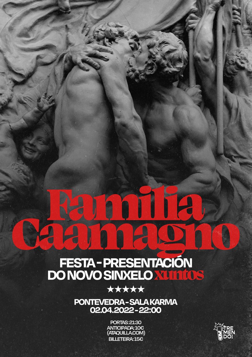 O sábado 2 de abril <a href="/Familiacaamagno/">Familia Caamagno</a>  fará un alto entre sesións de gravacións e vídeo clips varios para presentarnos o sinxelo “Xuntos” en directo.
Non quedes sen a túa entrada!
entradas.ataquilla.com/ventaentradas/…