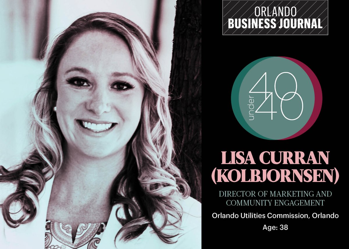 OUCreliableone's tweet photo. We are proud to announce that Lisa Curran, Director of Marketing & Engagement, has been named one of Orlando Business Journal's 40 Under 40! Lisa's leadership has helped OUC be recognized as a valued community partner. Congrats, Lisa! #OUCProud #CommunityPowered #OBJ40Under40 https://t.co/c6gWxUbqZX