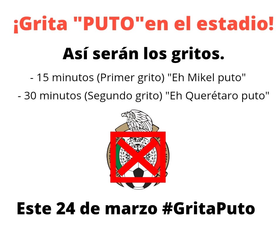 Libro_negro_'s tweet photo. El próximo 24 de marzo se llevará acabo un partido de fútbol entre la selección mexicana y la de EUA por las eliminatorias al mundial. Ahí será el primer episodio del #BoicotALaLigaMX con ayuda del #GritaPuto dentro del estadio.

Así serán los gritos. https://t.co/5m55wod15X