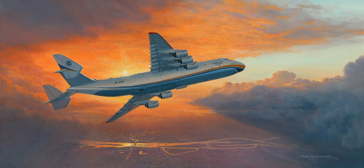Posartaviation's tweet photo. Just finished this small symbolic canvas of the mighty An-225 over Kyiv, turning towards clearer skies in the west. The original is up for auction on ebay, all proceeds to Ukrainian Refugee support here in Poland. Title, 'Dreams Never Die' https://t.co/mr6GkZzO1e https://t.co/LfU3PDirhd