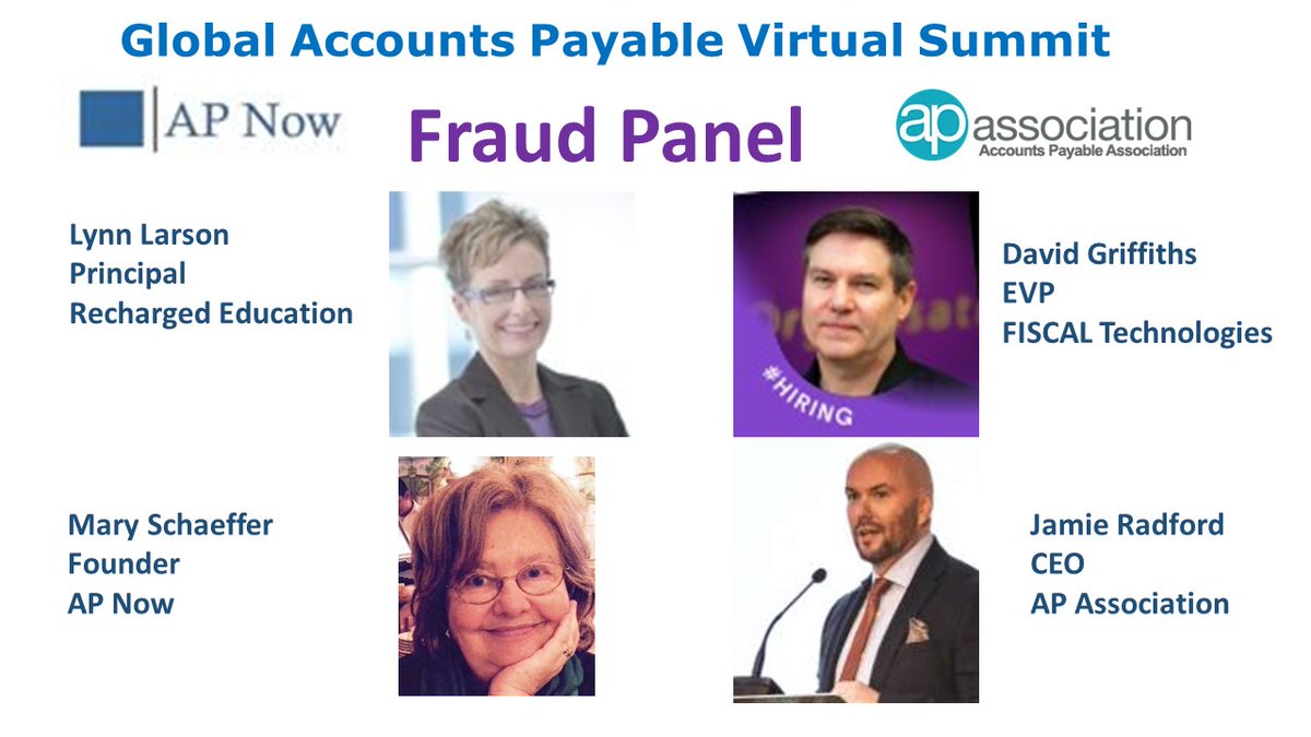 Accountspayable's tweet photo. Thanks David Griffiths, @LynnLarsonCPCP  and @jamieapforum for a really interesting fraud protection panel discussion at the Global Accounts Payable Virtual Summit. #GlobalAP @AP_Association  @FISCALTec @Yooz_UK @JustYoozIt 
Details about Summit: https://t.co/XdCR2ZKeTP https://t.co/bHlIDpCkhM