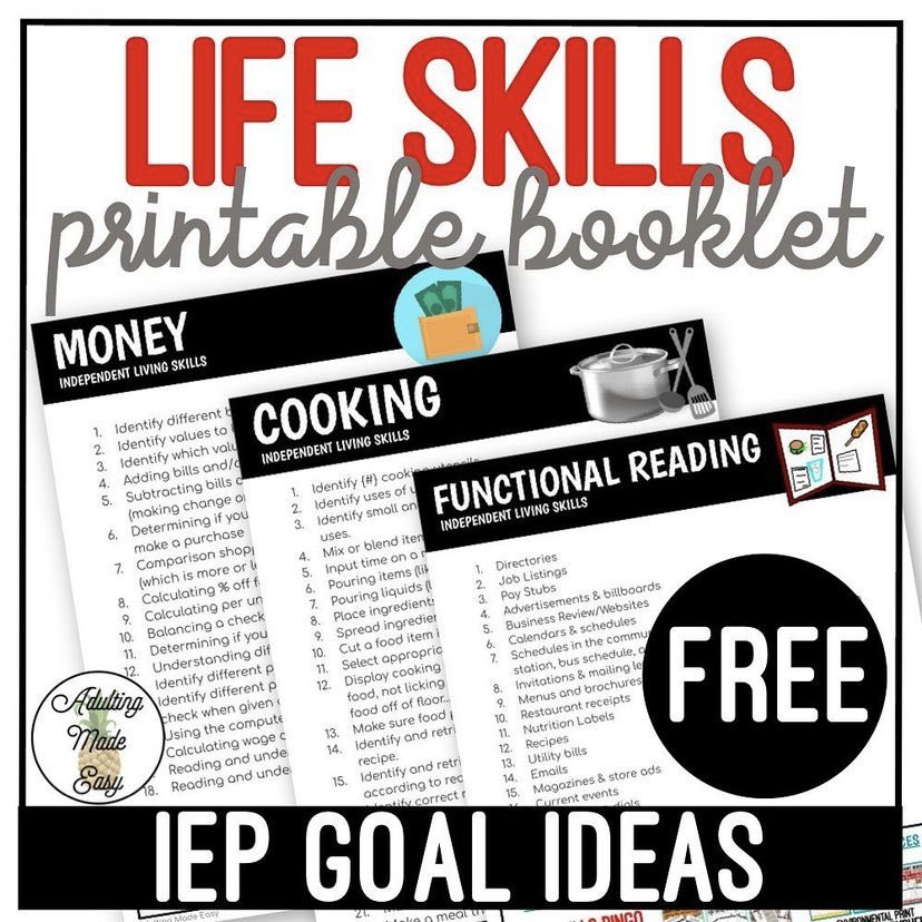 SpEdAdulting's tweet photo. ✨FREE: A printable booklet of over 250 Life Skills goal/lesson ideas in the areas of functional reading, functional math, functional writing, eating &amp; dining, home safety, grooming &amp; hygiene, clothing, money, cooking and cleaning.

https://t.co/Q4ePSsjz2d https://t.co/qfWDLANDu9