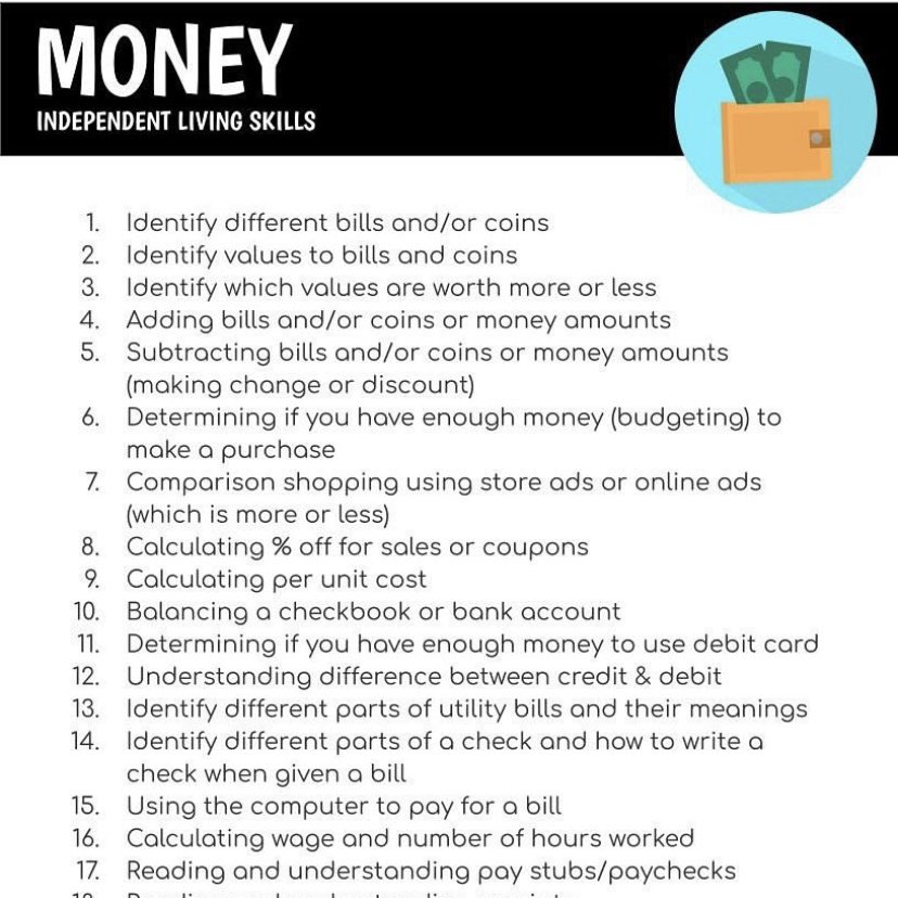 SpEdAdulting's tweet photo. ✨FREE: A printable booklet of over 250 Life Skills goal/lesson ideas in the areas of functional reading, functional math, functional writing, eating &amp; dining, home safety, grooming &amp; hygiene, clothing, money, cooking and cleaning.

https://t.co/Q4ePSsjz2d https://t.co/qfWDLANDu9