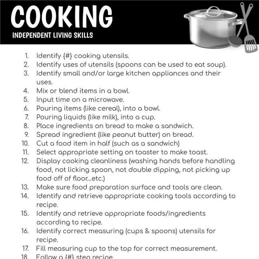 SpEdAdulting's tweet photo. ✨FREE: A printable booklet of over 250 Life Skills goal/lesson ideas in the areas of functional reading, functional math, functional writing, eating &amp; dining, home safety, grooming &amp; hygiene, clothing, money, cooking and cleaning.

https://t.co/Q4ePSsjz2d https://t.co/qfWDLANDu9