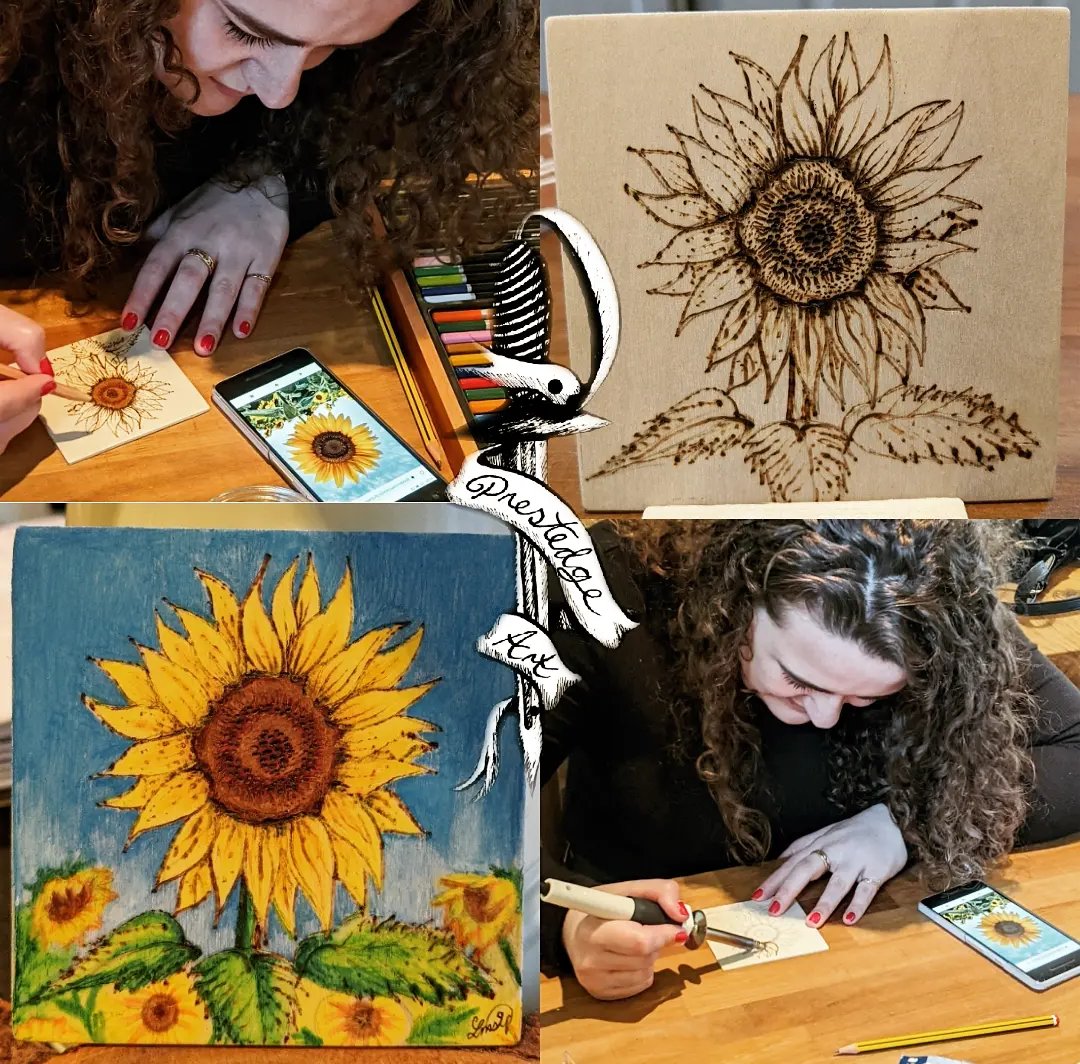 PrestedgeA's tweet photo. Have driven to my Auntie's in the country to try and clear my artists block🤞First go at pyrography. Not bad for a first try? Felt compelled with everything going on at the moment to make it a sunflower 🌻 #pyrography #art #Creative #SunflowersForUkraine 🌻 https://t.co/waB4N07hSl