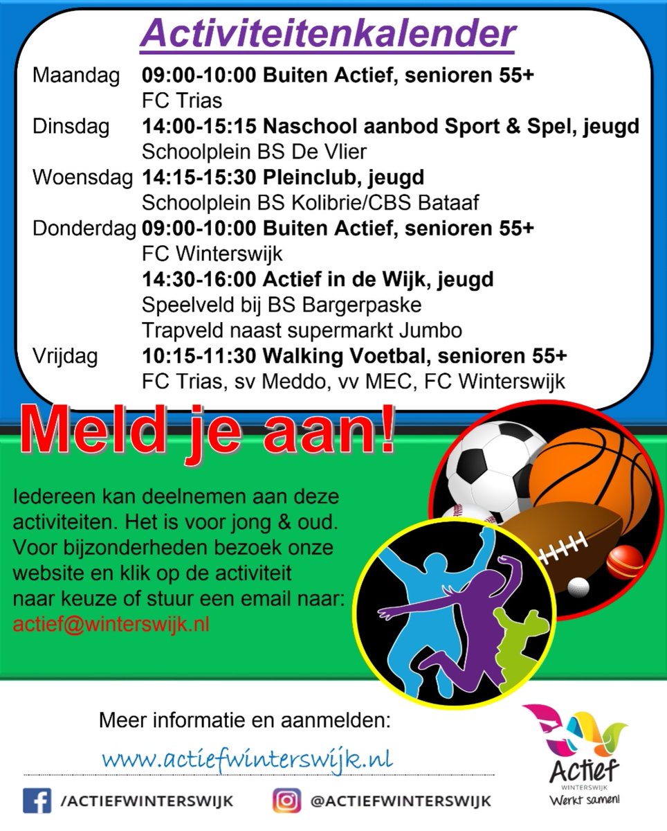 ActiefWwijk's tweet photo. WEKELIJKSE ACTIVITEITEN 

Laagdrempelig deelnemen aan sportieve activiteiten, in samenwerking met Beweeg Wijs, GC Sport &amp; Bewegen en Boogie Woogie Cultuurcentrum. Onze buurtsportcoaches nodigen je van harte uit!

*Aanvullende info voor jongeren en volwassenen volgt binnenkort... https://t.co/9mEeRp4RS2