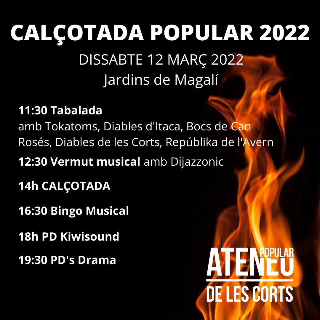 DiablesLesCorts's tweet photo. 🎊 Tornem a recuperar la Calçotada Popular de #lescorts! Com sempre de la mà de @ateneulescorts!

Aquest dissabte 12 ens trobareu tocant la faba als Jardins de Magalí! 🔥

#diablesdelescorts #calçotada https://t.co/gOmmfmNDIU
