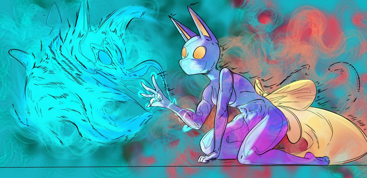 Powersdraws's tweet image. I drew my character Hachi, she's looking at her power source Sett. It's a spirit that powers her.

#digitalart #originalcharacter