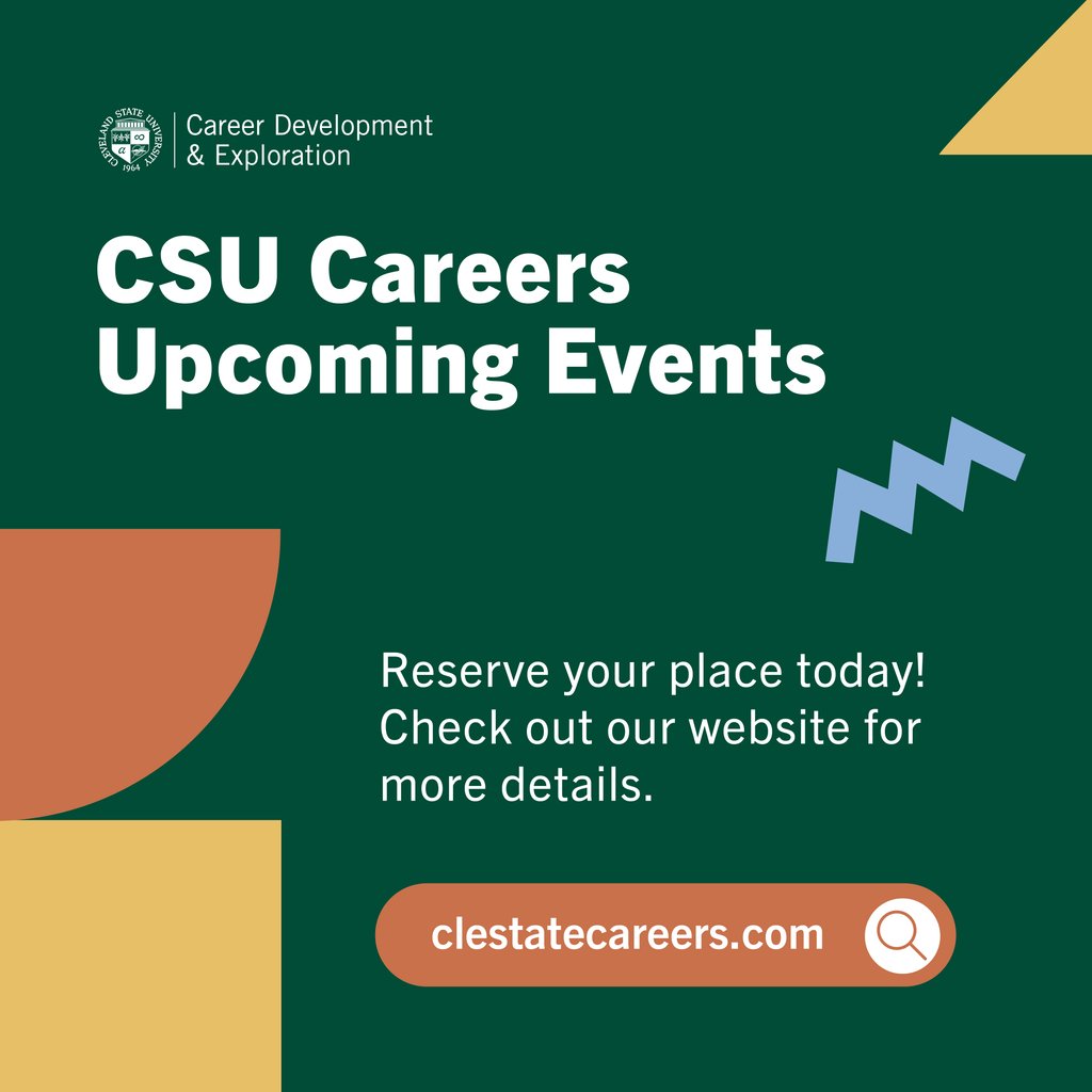 CSU_Careers's tweet photo. Check out our upcoming events! Join us TOMORROW, 3/10, for our virtual Pre-Professional Workshop from 2-3 PM. The College of Business Cornerstone Speaker Series is tomorrow from 12-1 PM. Finally, don't forget to sign up for Mock Interview Day, Friday 3/25!
https://t.co/KFOyDl7c6Z https://t.co/tQtexO0Hid
