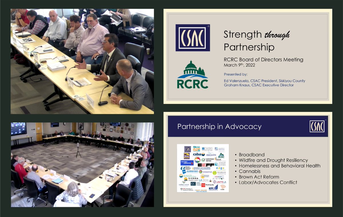 CSAC_Counties's tweet photo. Executive Director Graham Knaus & CSAC President #EdValenzuela presented to the @RuralCounties Board of Directors today and reported on CSAC’s 2022 priorities and goals and past achievements, as well as the importance of continued collaboration on countywide issues. #CACounties https://t.co/sHXd4HscCc