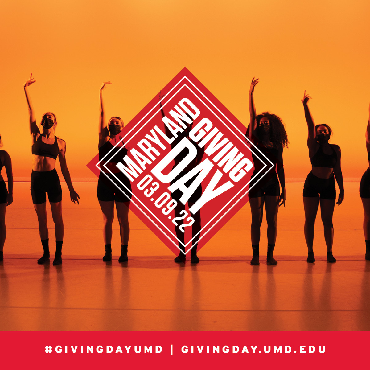 Giving Day logo over an orange-tinted photo of dancers with one arm raised. Please give to the ODI Fund!