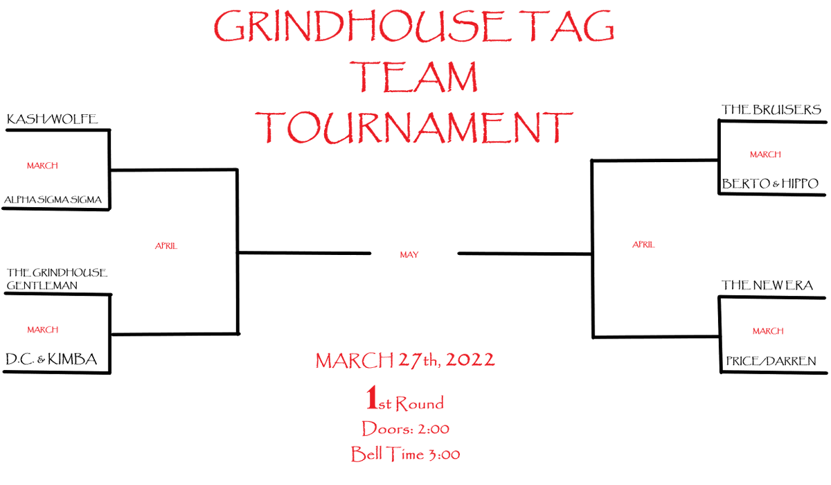 Let the Grindhouse Tag Team Tournament begin! March 27th. 1416 Spring St. Jeffersonville, IN.
