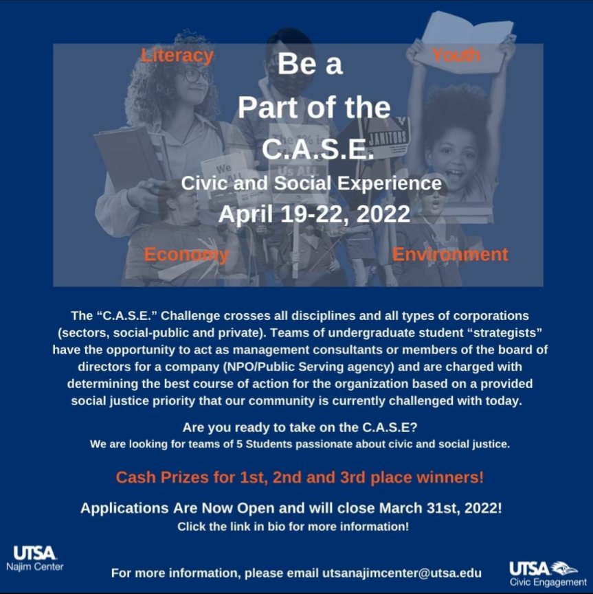 utsa_si's tweet photo. Are you a student who is passionate about social justice? Are you willing to solve complex community issues? Come solve with the C.A.S.E ! We are looking for teams of 5 students or individuals to join our team!
Click the link in bio for team and individual C.A.S.E. applications! https://t.co/1SexQrUp4a