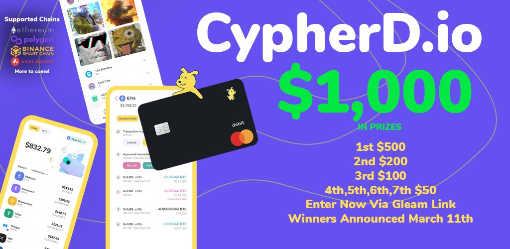 Cypher_HQ_'s tweet photo. Don't miss out on our giveaway of 🤑$1,000 in $USDC prizes! It Ends March 11th @ 6PM ET

✅Complete the tasks on #Gleam to earn entry💰
➡️https://t.co/oWqCkkZku2

Good Luck Everyone! #CypherDForMe #CryptoGiveaway #CryptoGiveaways #Crypto https://t.co/Ub5gR01p2k