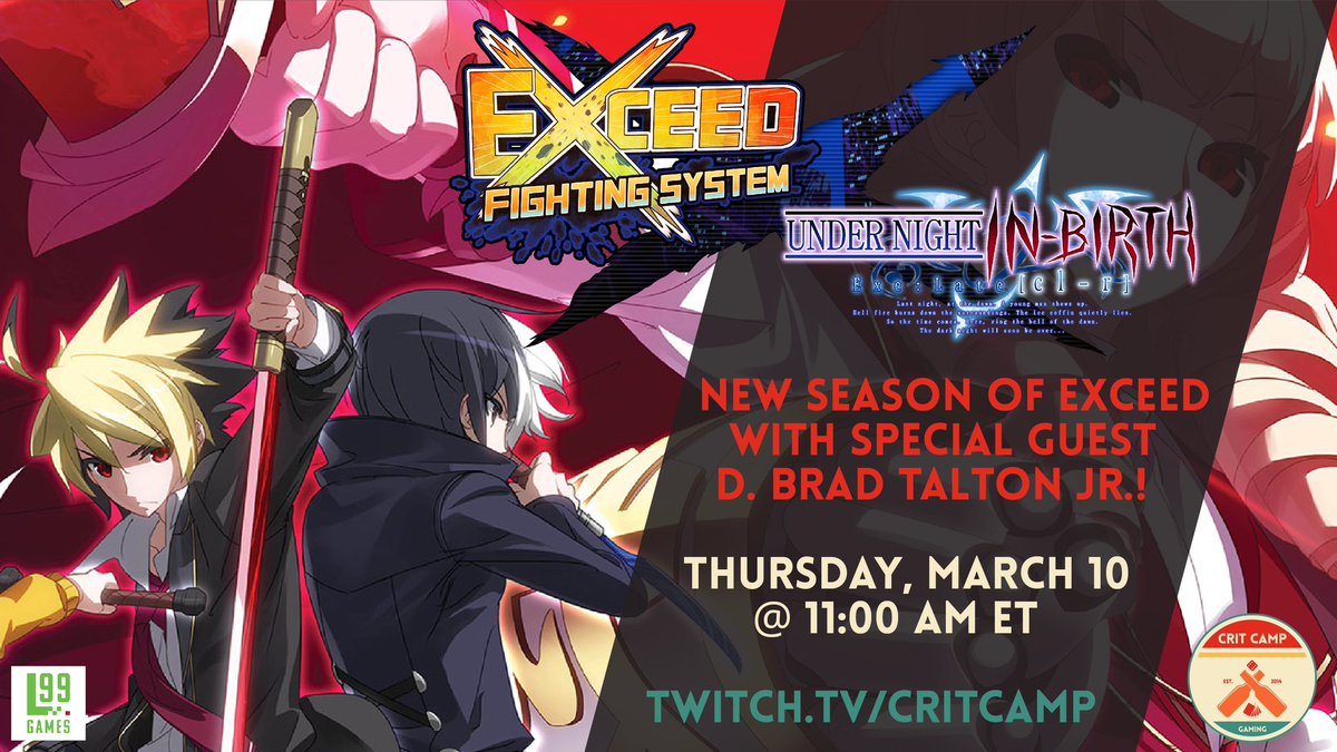 CritCamp's tweet photo. Thursday, March 10 @ 11:00AM ET - Special guest D. Brad Talton Jr. of @Level99Games joins us to check out Season 6 of #Exceed - Under Night In Birth!

1 V 1 - Let’s battle it out!

https://t.co/ky9GC4r751

#Boardgames #Tabletop https://t.co/NWxvuls3J2