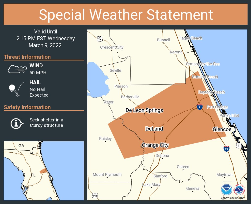 NWSMelbourne's tweet photo. A special weather statement has been issued for DeLand FL, Orange City FL, Lake Helen FL until 2:15 PM EST https://t.co/IIu8JXcnOp