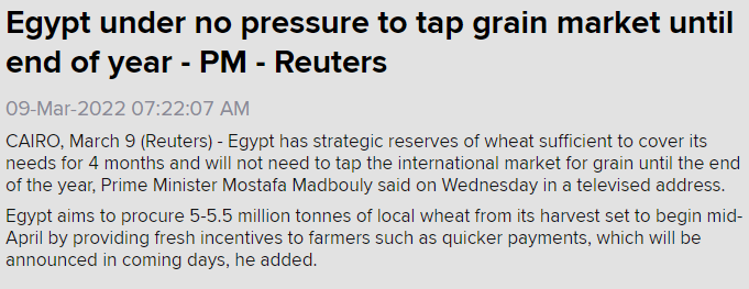 🇪🇬 #Egypt is again insisting it will not need #wheat imports for many more months based on its strategic reserves and upcoming harvest.

Egypt is the No. 1 wheat importer and total use is about 1.8 million tonnes per month, mostly for food use 🍞