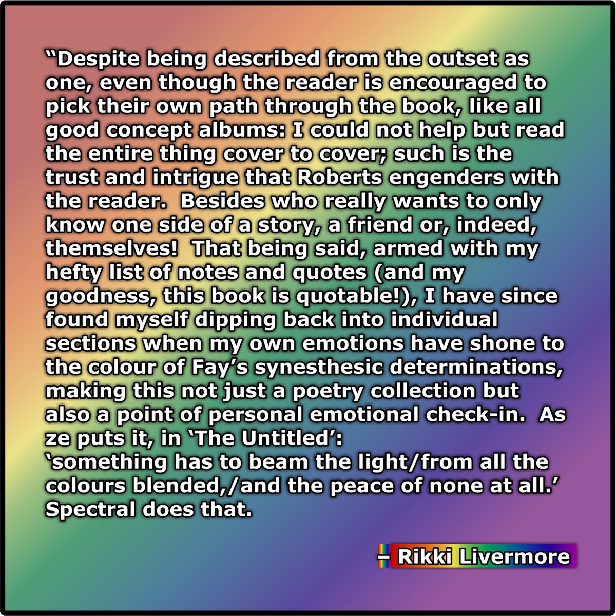The 9th #SpectralPoetryBook #review from <a href="/RikTheMost/">Rikki Livermore</a> escaped the confines of linear time (image description in alt)!

Thank you so much, Rikki! You should totally check out their amazing work.

You can preorder Spectral here: allographic.bigcartel.com/product/spectr… before the late-March launch.