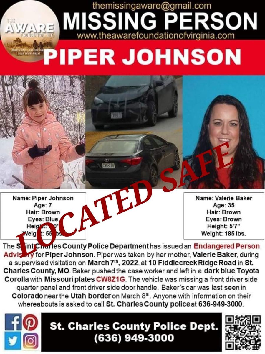 TrueCrimeSister's tweet photo. โฅ๏ธโฅ๏ธGREAT NEWSโฅ๏ธโฅ๏ธ
#FOUND #Safe #Located
UPDATE: #PiperJohnson has been located in Utah and is SAFE! Her mother has been taken into custody. Thanks again for your help. Source: @aware_the https://t.co/am9jEaSObf