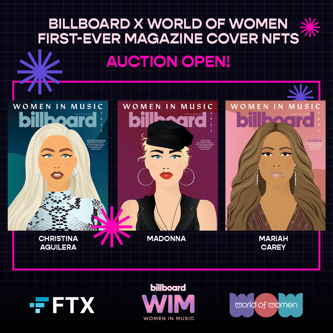 ⏰Less than 24 hours remaining to bid on the World of Women x <a href="/billboard/">billboard</a> #BBWomenInMusic NFT covers!⏰

<a href="/xtina/">Christina Aguilera</a>, <a href="/Madonna/">Madonna</a>, and <a href="/MariahCarey/">Mariah Carey</a> each chose a non-profit that will benefit from a portion of the proceeds generated by the auction! 💜

Bid here 👇
ftx.us/nfts/collectio…