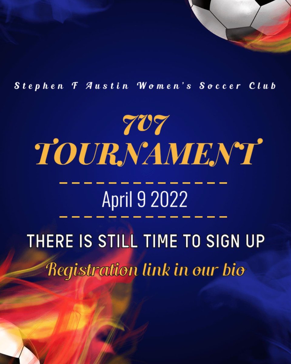 SfaClubSoccer's tweet photo. We are finally able to host our annual 7v7 Tournament‼️💪🏼 IF YOUR TEAM WOULD LIKE TO PARTICIPATE, THERE IS STILL TIME ‼️‼️ just fill out the form and we will email you regarding information!! Dm us for any questions ! https://t.co/DxzC7qJHaf