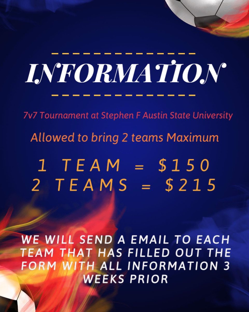 SfaClubSoccer's tweet photo. We are finally able to host our annual 7v7 Tournament‼️💪🏼 IF YOUR TEAM WOULD LIKE TO PARTICIPATE, THERE IS STILL TIME ‼️‼️ just fill out the form and we will email you regarding information!! Dm us for any questions ! https://t.co/DxzC7qJHaf