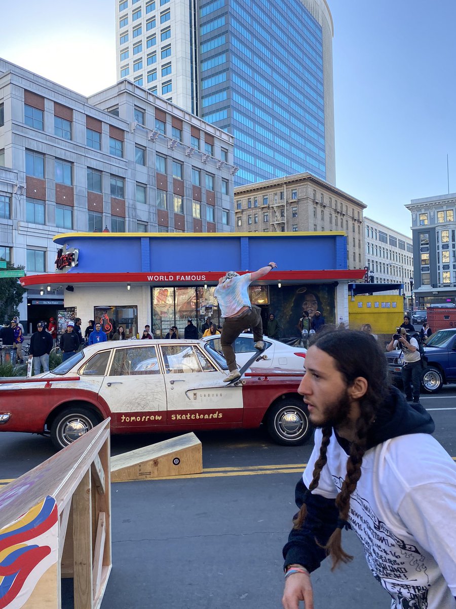 IMO my best sculpture to date is my 1961 Lancer that I put skateboard rails on - here’s a flick of her at an event we just helped put on in downtown OAKLAND. Part of a new skate project I’m developing with a friend called Tomorrow Skateboards 🥰