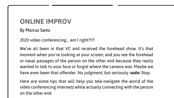 SeanNittner's tweet photo. I've been watching this project come together and has been so rad to not only to see @ktwelves add in new exercises, but also to see new contributions from other gamers and improvisers, like the advice from @MarcusRSams for playing online. (snippet below) https://t.co/Vt0Du9BwAM