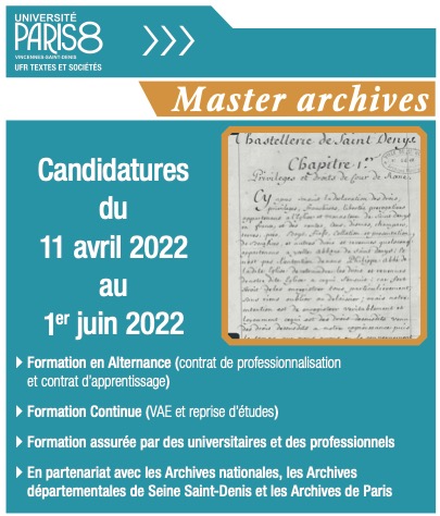 Samedi 12 mars, de 14h30 à 16h, venez à la rencontre du Master Archives lors de la JPO de Paris 8, entièrement en distanciel. 
Lien: univ-paris8.zoom.us/j/7281689972
#archives #master